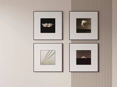 Four Botanical Paintings Hanging On Wall With White Frames And Minimalist Decor 3d model