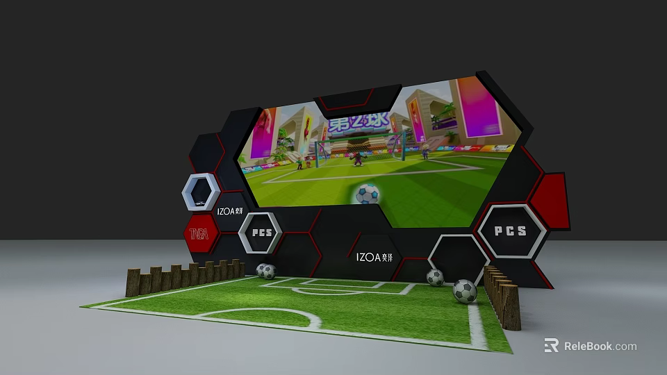Interactive Soccer Themed Play Equipment With Hexagon Screen Football Field Fences And Soccer Balls 3d model 