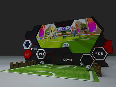 Interactive Soccer Themed Play Equipment With Hexagon Screen Football Field Fences And Soccer Balls 3d model