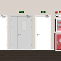 Interior With Three White Doors Green Exit Signs And Red Fire Safety Equipment