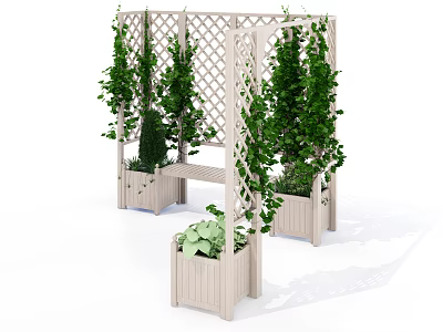 Outdoor Wooden Table and Chair Set With Lattice Screen And Green Plant Planters 3d model