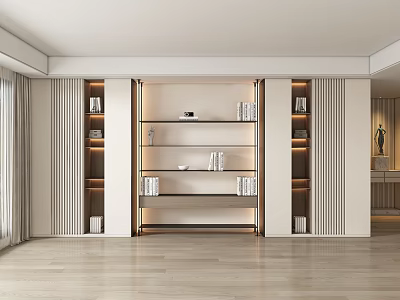 Modern Living Room Background Wall Featuring Open Bookshelf And Lit Storage Compartments With Sleek Design 3d model