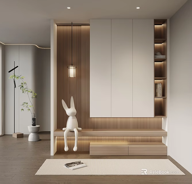 Modern Entrance Hallway Design With White Rabbit Decoration Wooden Bench Lighting Strips And Storage Cabinets 3d model 