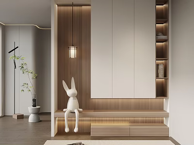 Modern Entrance Hallway Design With White Rabbit Decoration Wooden Bench Lighting Strips And Storage Cabinets 3d model