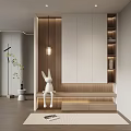 Modern Entrance Hallway Design With White Rabbit Decoration Wooden Bench Lighting Strips And Storage Cabinets
