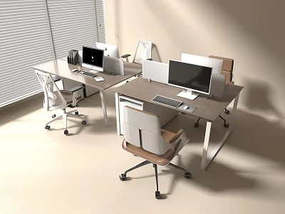 Modern Office Desk Setup With Dual Monitors Office Chairs And Desk Lamps 3d model