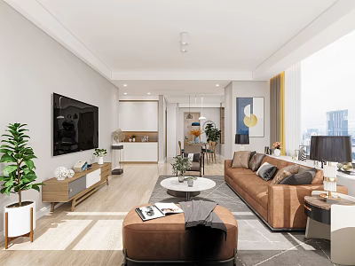 Modern Living Dining Room Interior With Brown Sofa TV Coffee Table And Plants 3d model