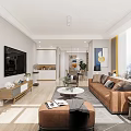 Modern Living Dining Room Interior With Brown Sofa TV Coffee Table And Plants