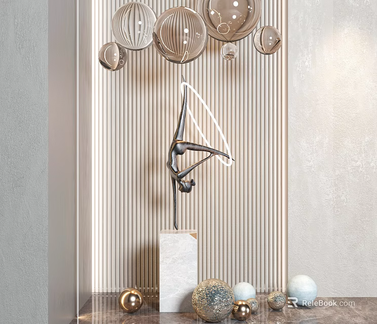Modern Metal Sculpture Carving With Marble Base And Decorative Balls On Striped Wall 3d model 