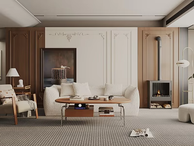 Modern Living Room Interior With White Sofa Wooden Fireplace Coffee Table And Area Rug 3d model