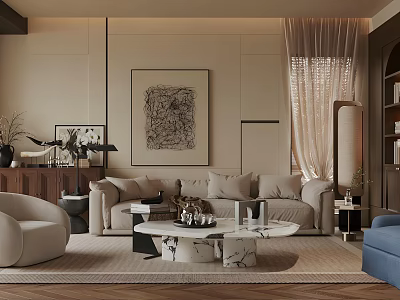 Elegant Modern Living Room With Beige Sofa Marble Coffee Table Blue Armchair And Wall Art 3d model