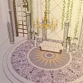 Religious Worship Space With Circular Platform Sofa Columns Chandelier And Green Plants