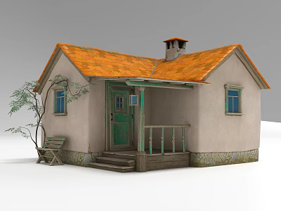Small House Exterior Featuring Orange Roof Green Door Porch Railing And Wooden Bench 3d model