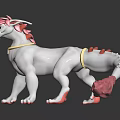 White Fantasy Creature With Pink Horns Tail Red Decorations Standing On Shiny Surface