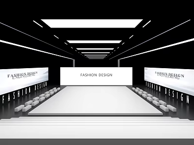 Fashion Runway Show with Modern Lighting White Seats and Design Backdrops 3d model
