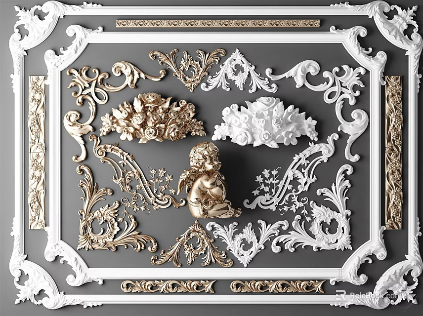 Elegant Gold And White Carved Decorations With Intricate Patterns And Ornamental Elements 3d model