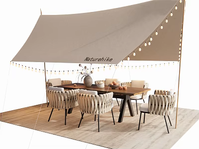 Outdoor Dining Table Setup With Beige Tent Awning String Lights And Woven Chairs 3d model