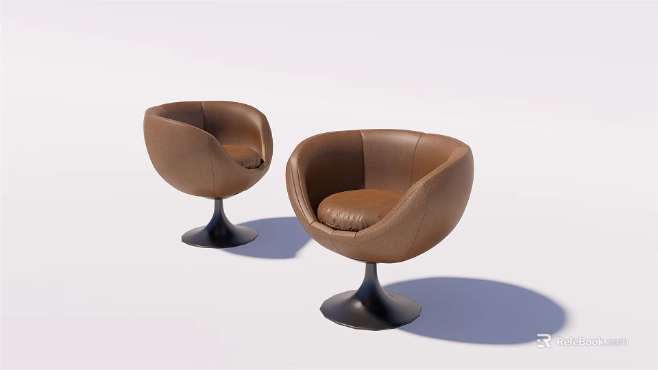 Modern Brown Leather Single Sofa with Black Metal Base and Rounded Shape 3d model 