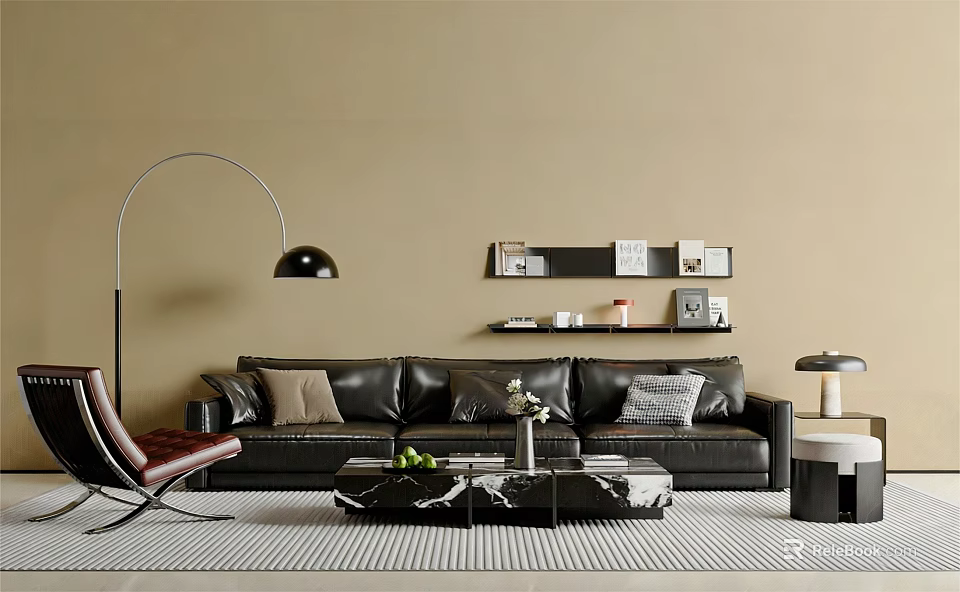 Black Leather Sofa And Glass Coffee Table Set With Pillows Floor Lamp And Wall Shelf 3d model 