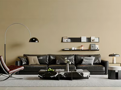 Black Leather Sofa And Glass Coffee Table Set With Pillows Floor Lamp And Wall Shelf 3d model
