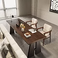 Modern Wooden Desk with Laptop Vase Flowers Magazine Tray and Two Chairs in Living Room