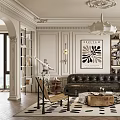 Stylish Living Room With Leather Sofa Coffee Table Patterned Rug Bookshelf Chandelier And Art Print