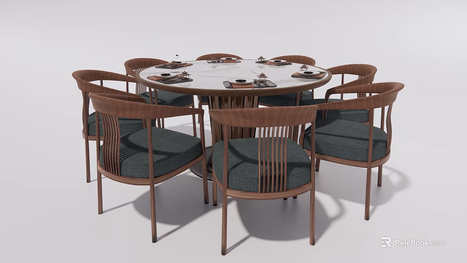 Round Wooden Dining Table Set With Blue Upholstered Chairs And Tableware 3d model 