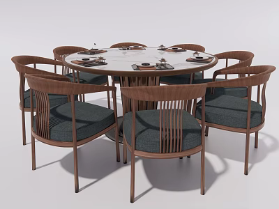 Round Wooden Dining Table Set With Blue Upholstered Chairs And Tableware 3d model