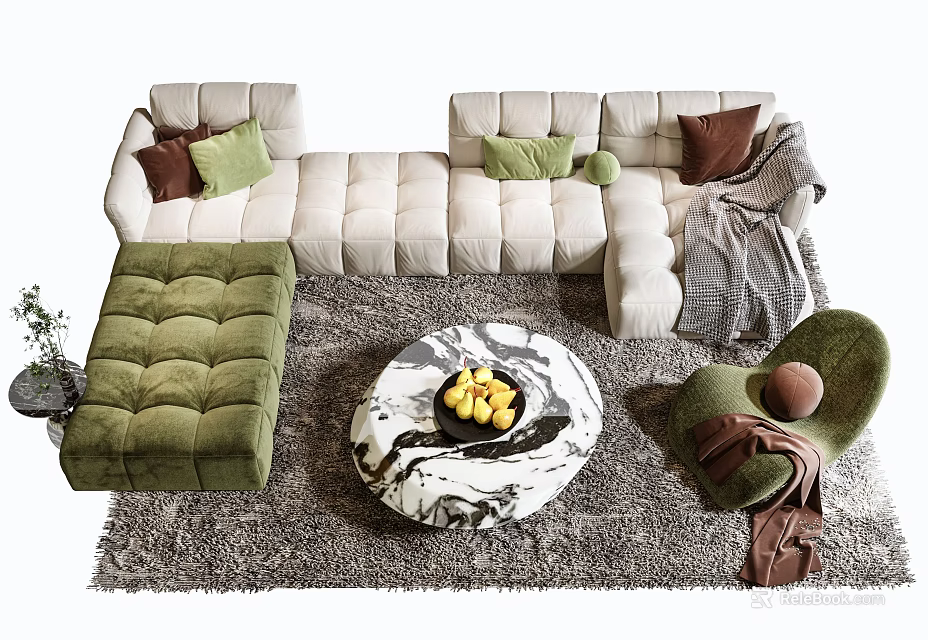 Modern Beige L-shaped Sofa with Green Ottoman and Round Marble Coffee Table on Grey Rug 3d model 