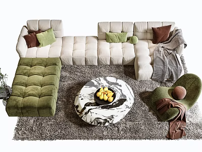 Modern Beige L-shaped Sofa with Green Ottoman and Round Marble Coffee Table on Grey Rug 3d model