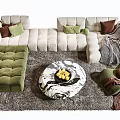 Modern Beige L-shaped Sofa with Green Ottoman and Round Marble Coffee Table on Grey Rug
