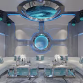 Hi Tech KTV Room Interior With Blue Lighting Sofas Microphones Screen And Circular Decor 3d model