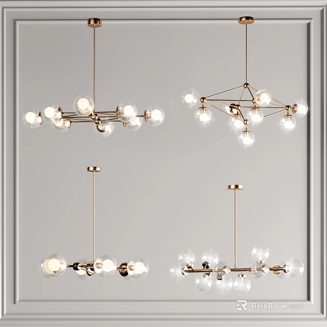 Modern Hanging Chandeliers With Metal Frame And Glass Globe Lights 3d model 