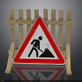 Road Work Warning Sign Featuring Shoveling Man Symbol And Wooden Barrier