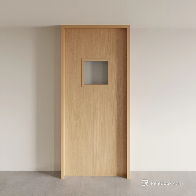 Light Wood Interior Swing Door With Small Glass Panel And Simple Design 3d model