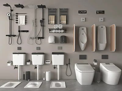 Modern Toilet Design With Bathroom Accessories Sink Shower Fixtures And Storage Shelves 3d model