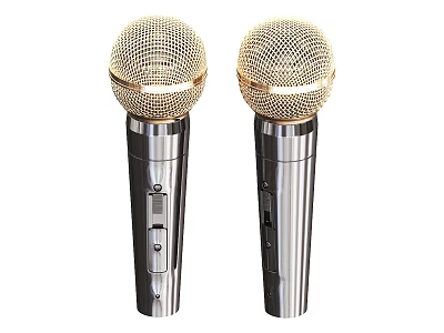 Two Gold Mesh Microphones With Silver Body And Control Buttons 3d model