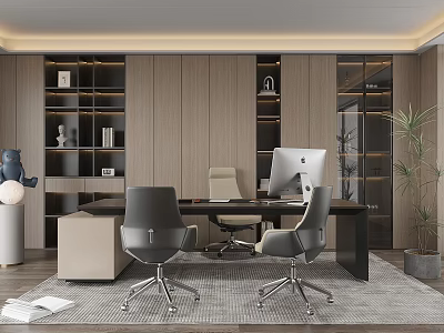 Modern Office Interior Design With Wooden Bookshelf Desk Chairs Computer And Green Plant 3d model