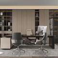 Modern Office Interior Design With Wooden Bookshelf Desk Chairs Computer And Green Plant