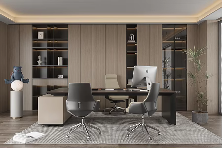 Modern General Manager's Office Chairman's Office Solid Wood Bookcase Office Desk and Chair Combination 3d model