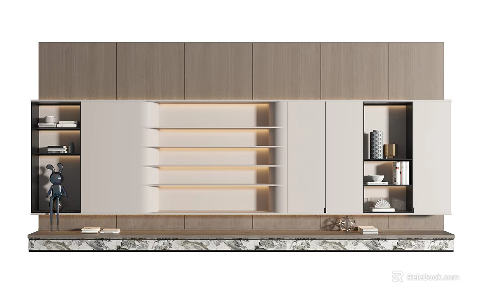Modern Luxury Wall With Wooden Panels White Sections Light Strips Storage Cabinets And Marble Countertop 3d model 