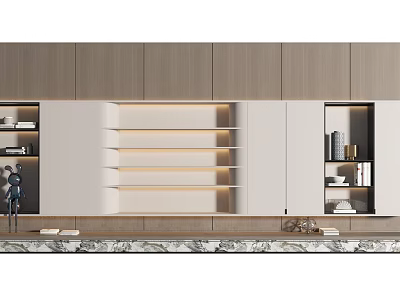 Modern Luxury Wall With Wooden Panels White Sections Light Strips Storage Cabinets And Marble Countertop 3d model
