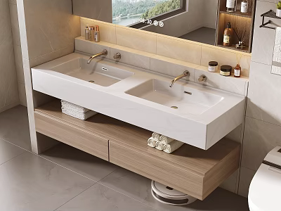 Modern Bathroom Double Basin Vanity With Marble Countertop Wooden Cabinet And Mirror 3d model