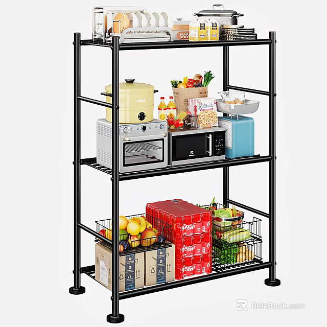 Black Multi tier Kitchen Storage Shelf with Microwave Toaster Oven Fruits Vegetables and Baskets 3d model 