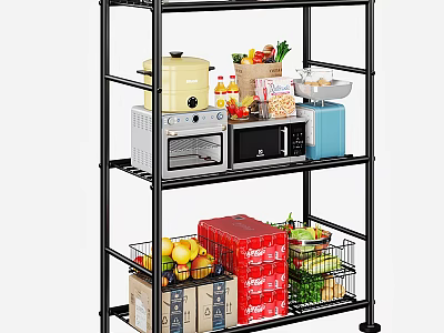 Black Multi tier Kitchen Storage Shelf with Microwave Toaster Oven Fruits Vegetables and Baskets 3d model