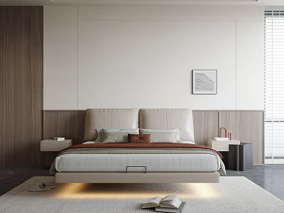 Modern Minimalist Bedroom With Upholstered Headboard Nightstands Area Rug Wall Art And White Blinds 3d model
