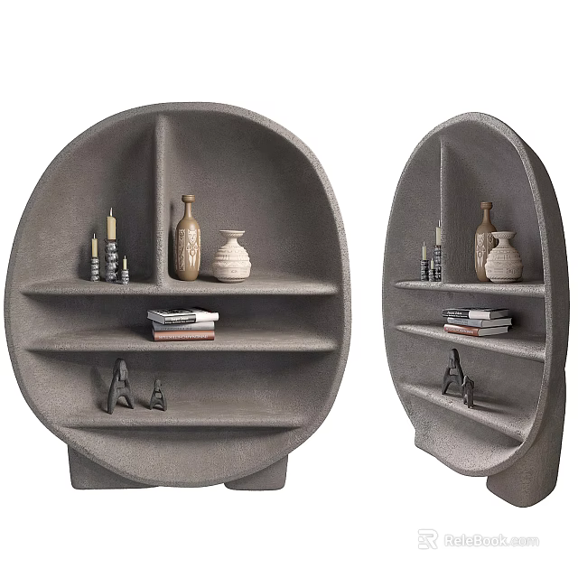 Gray Oval Shaped Decorative Cabinets With Shelves Holding Vases Candles Books And Small Sculptures 3d model 