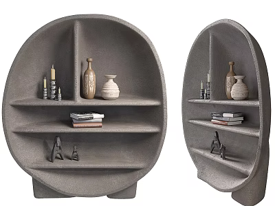 Gray Oval Shaped Decorative Cabinets With Shelves Holding Vases Candles Books And Small Sculptures 3d model