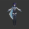Game and Movie Character With Purple Hair Blue White Outfit Flowing Sash and Long Stockings