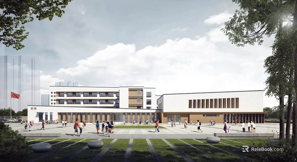 Modern School Building Featuring Multi story Structure Front Plaza Green Lawn And Active People 3d model 